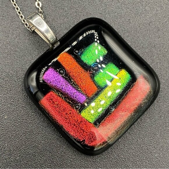 Eccentric Art Glass Neon Colored Square Pendant Necklace - Picture 2 of 8